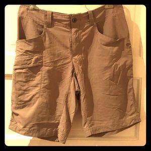 Khaki shorts. Mountain hardware.